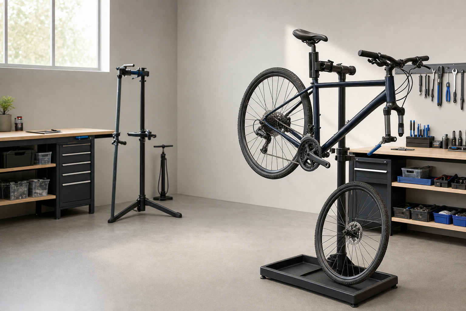 A bicycle on a repair stand in a tidy workshop with tools and workbenches.