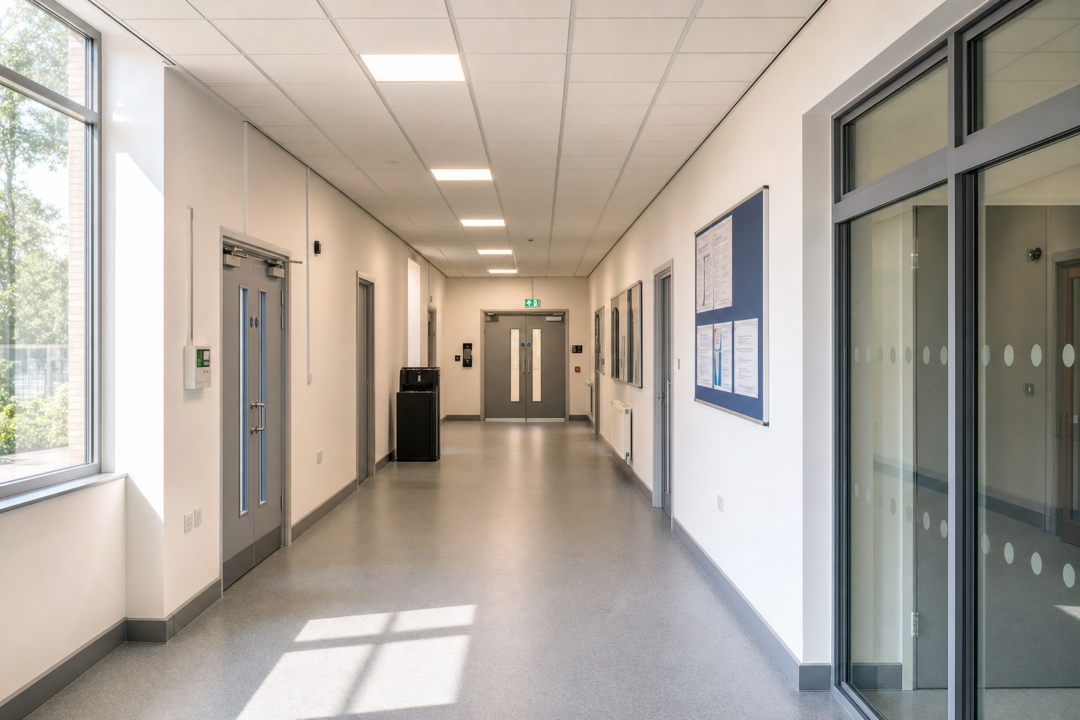 A well-lit, empty corridor with doors, windows, noticeboards, and a bin under fluorescent lights.