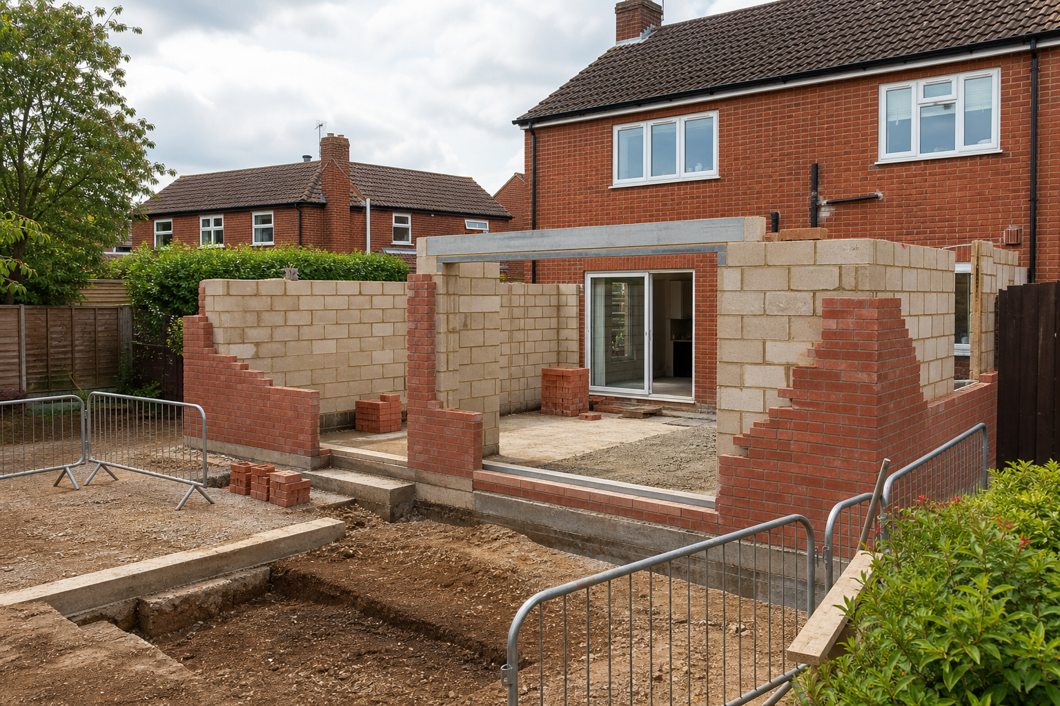 A brick extension is under construction at the rear of a red brick house, with sliding glass doors and metal fencing.
