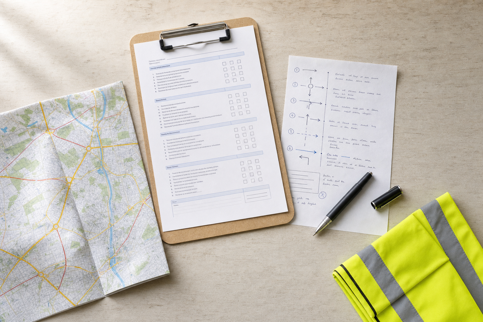 A folded map, a clipboard with a checklist, handwritten notes, a pen, and a yellow safety vest on a table.