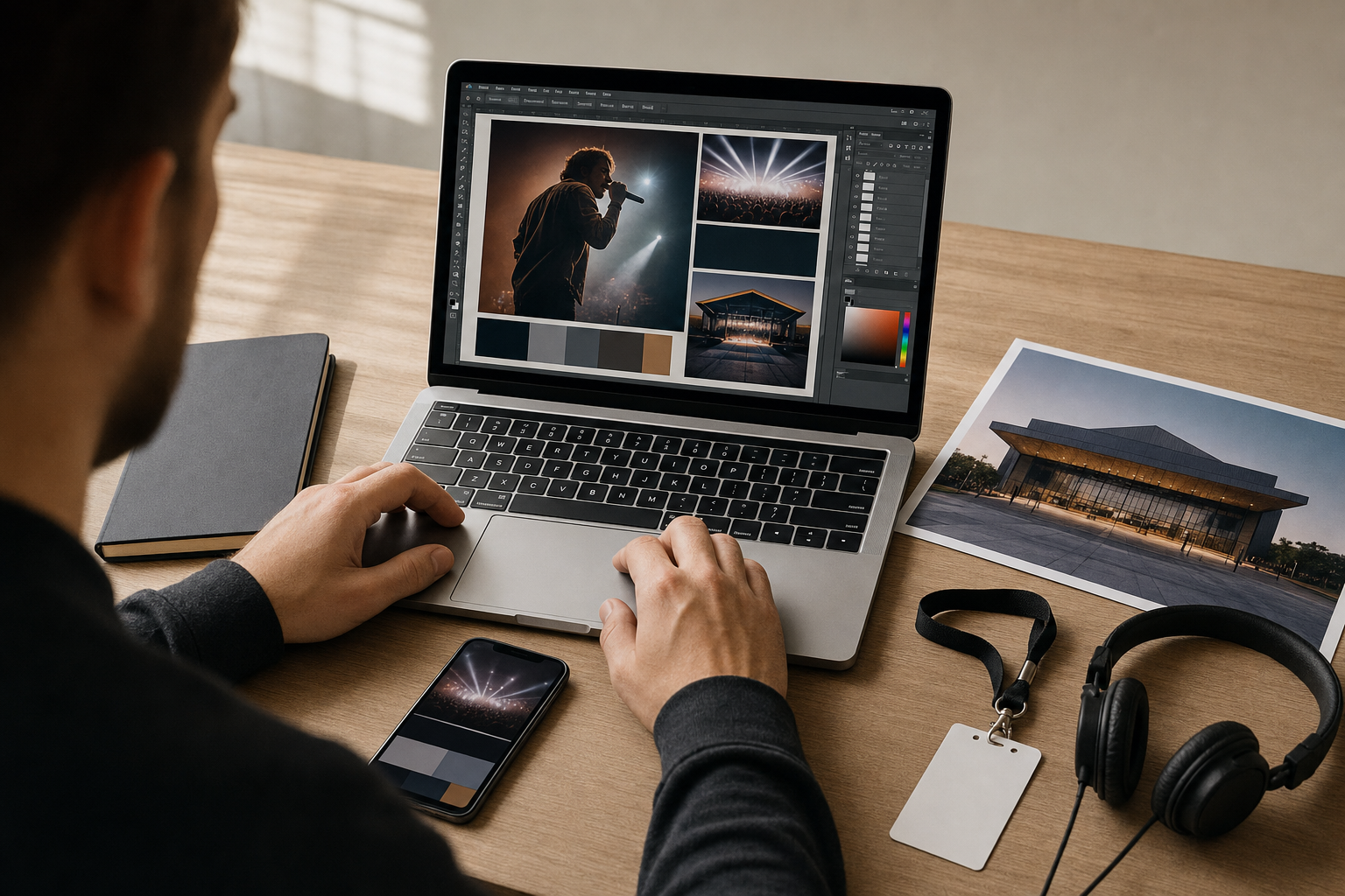 Person editing concert photos on a laptop with a smartphone, headphones, and a notepad on the desk.