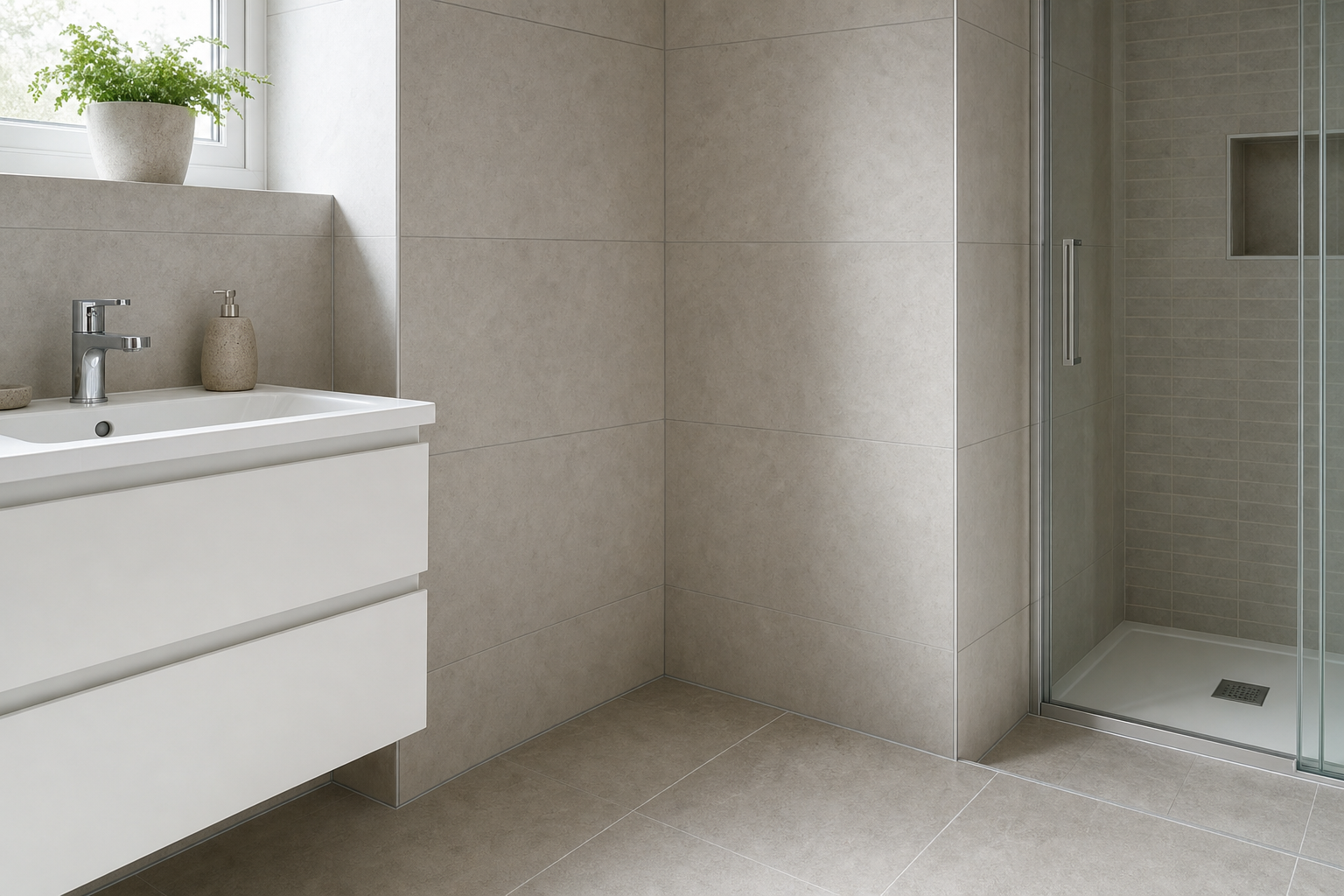 Modern bathroom with beige tiled walls, a white sink unit with a tap, and a glass-enclosed shower area.