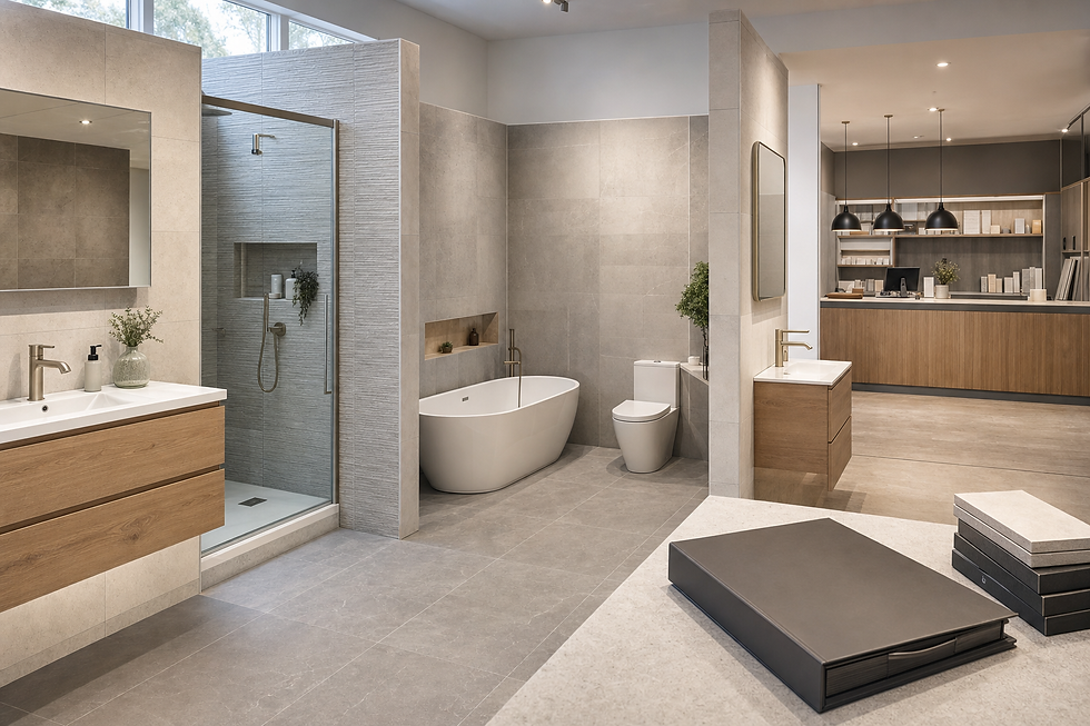Modern bathroom showroom featuring a freestanding bathtub, shower, and wooden vanity units.
