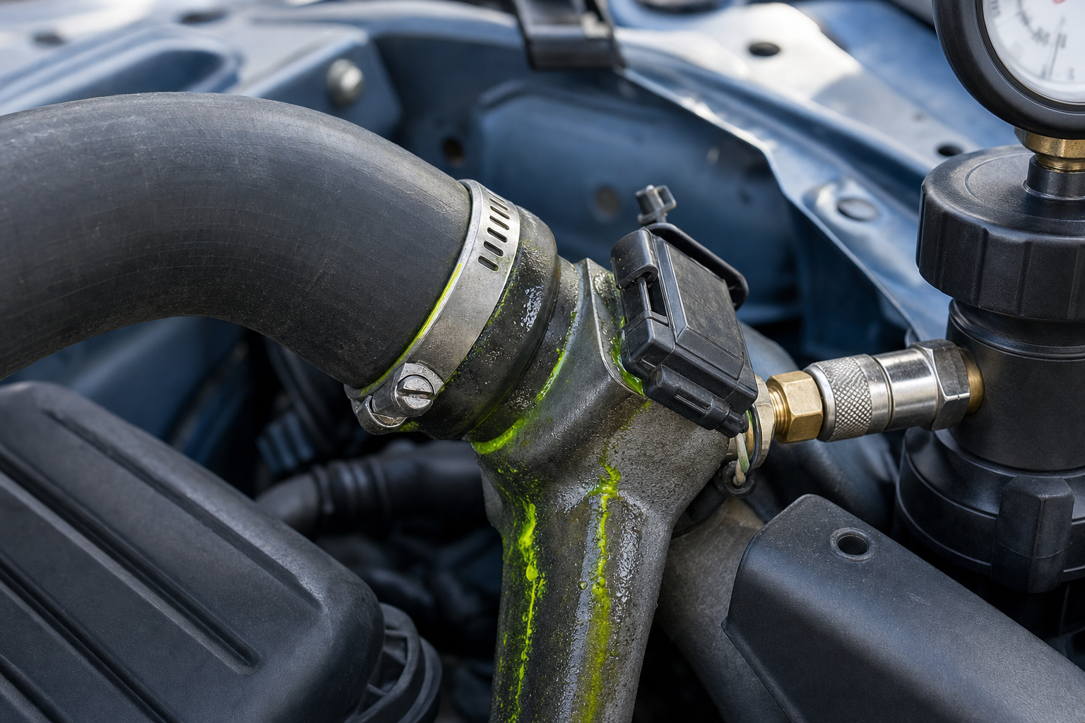 Car engine coolant hose with a visible leak of green fluid near a pressure gauge.