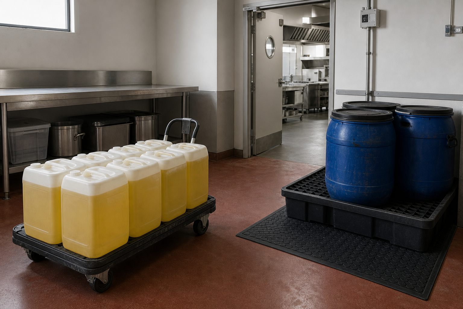 Containers of oil on a trolley and blue barrels in a commercial kitchen.