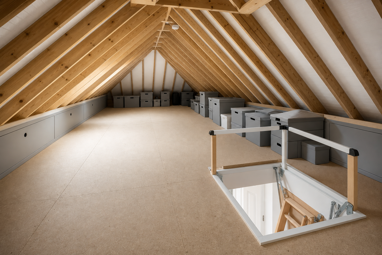 Spacious converted loft with wooden beams, organised with grey storage boxes and a ladder leading downstairs.