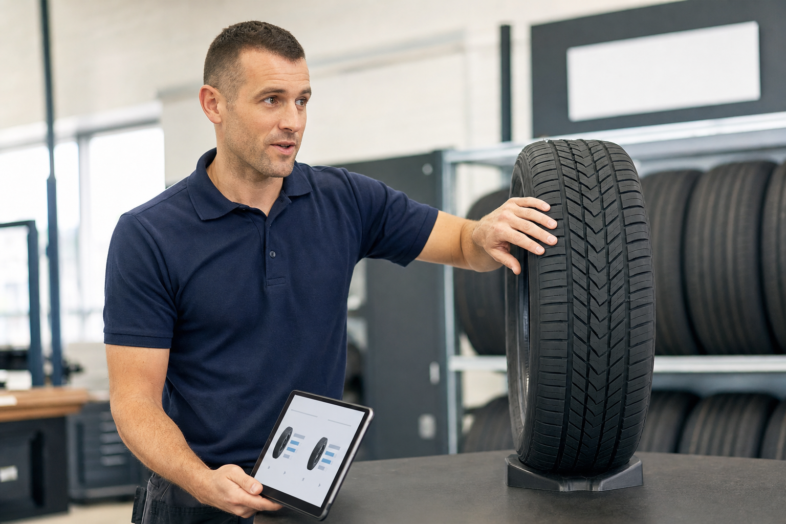 Man in a workshop explaining tyre features using a tablet.