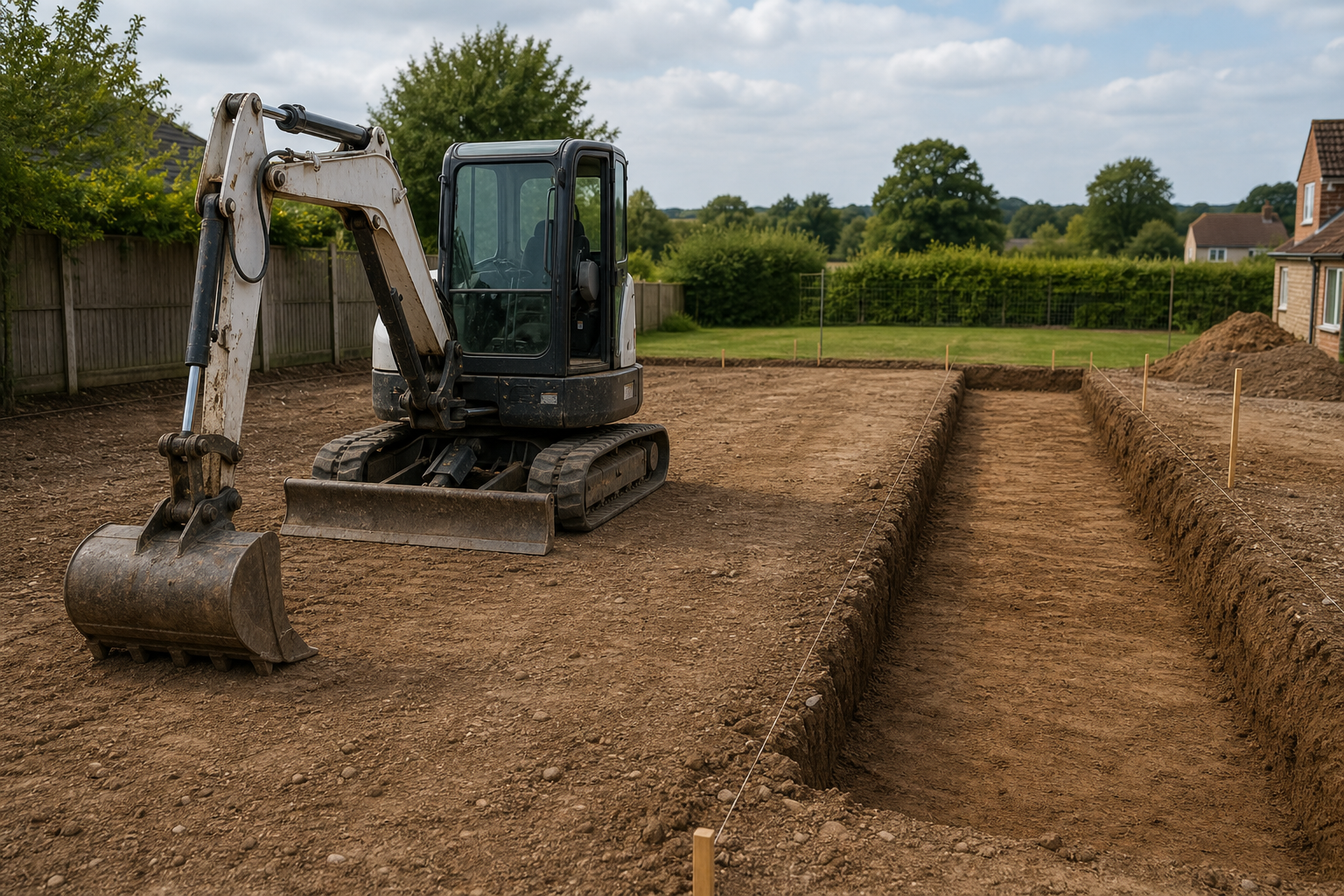 A small excavator sits on a construction site next to freshly dug trenches in a quiet residential area.