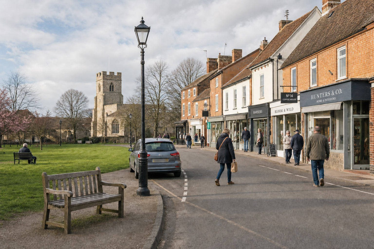 A scenic street in an English village with shops, a church, and people walking on a sunny day.