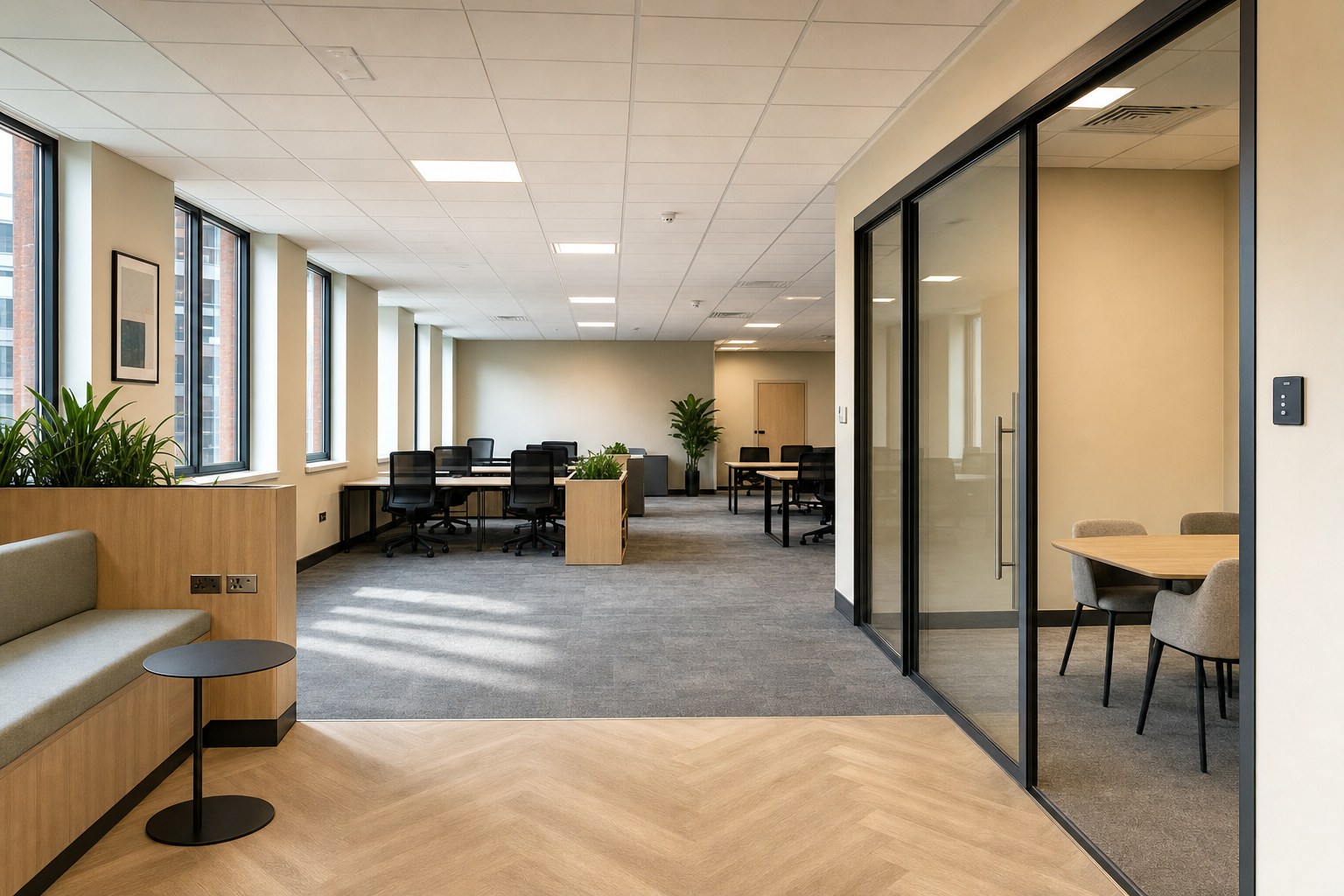 Modern office interior with large windows, plants, desks, and a glass-walled conference room.