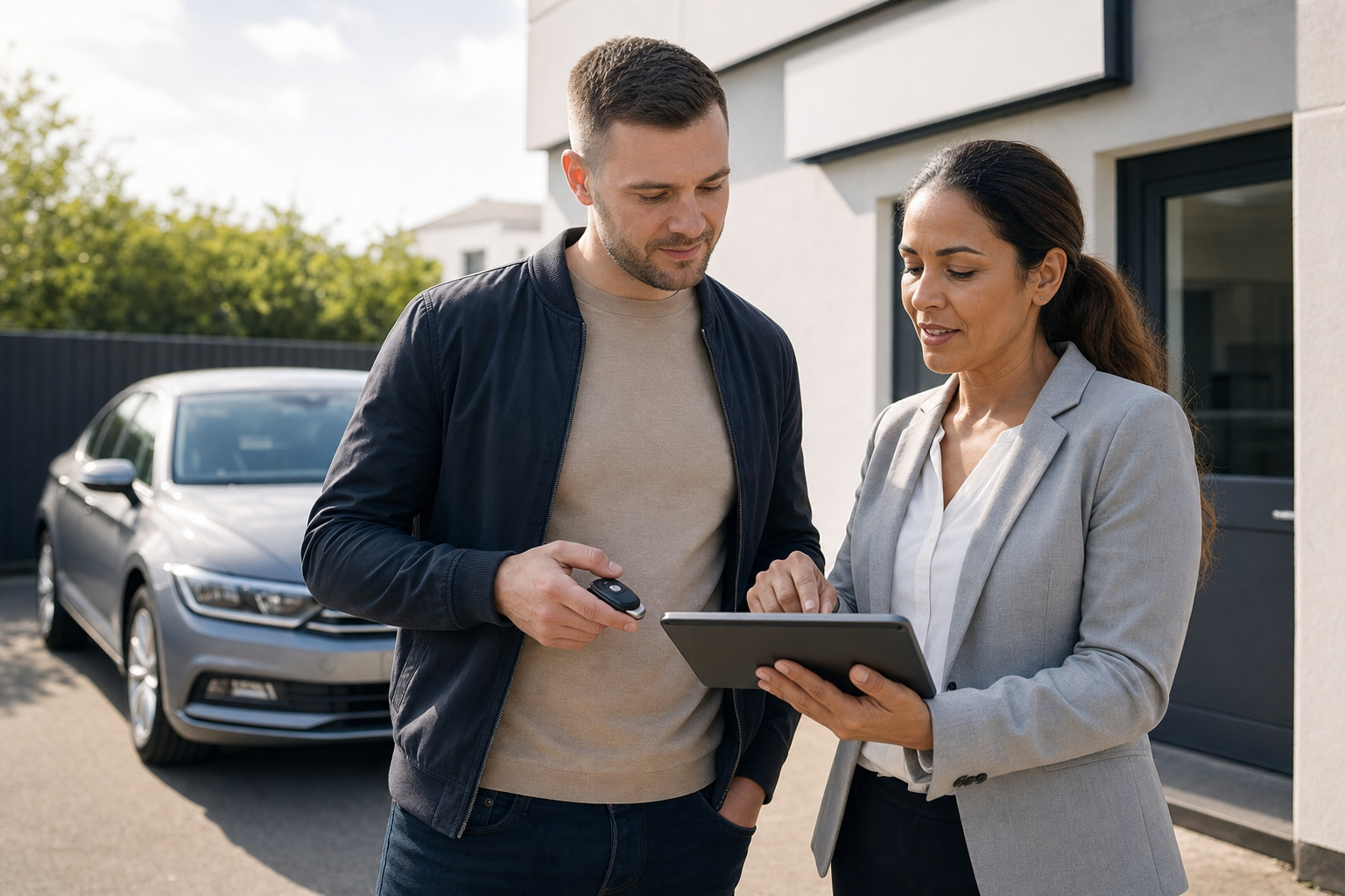 Two people stand outside discussing details on a tablet with a car in the background.