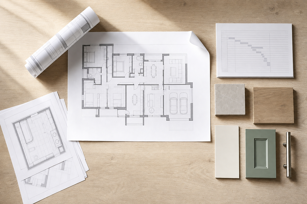 Architectural blueprints and material samples arranged on a wooden desk.