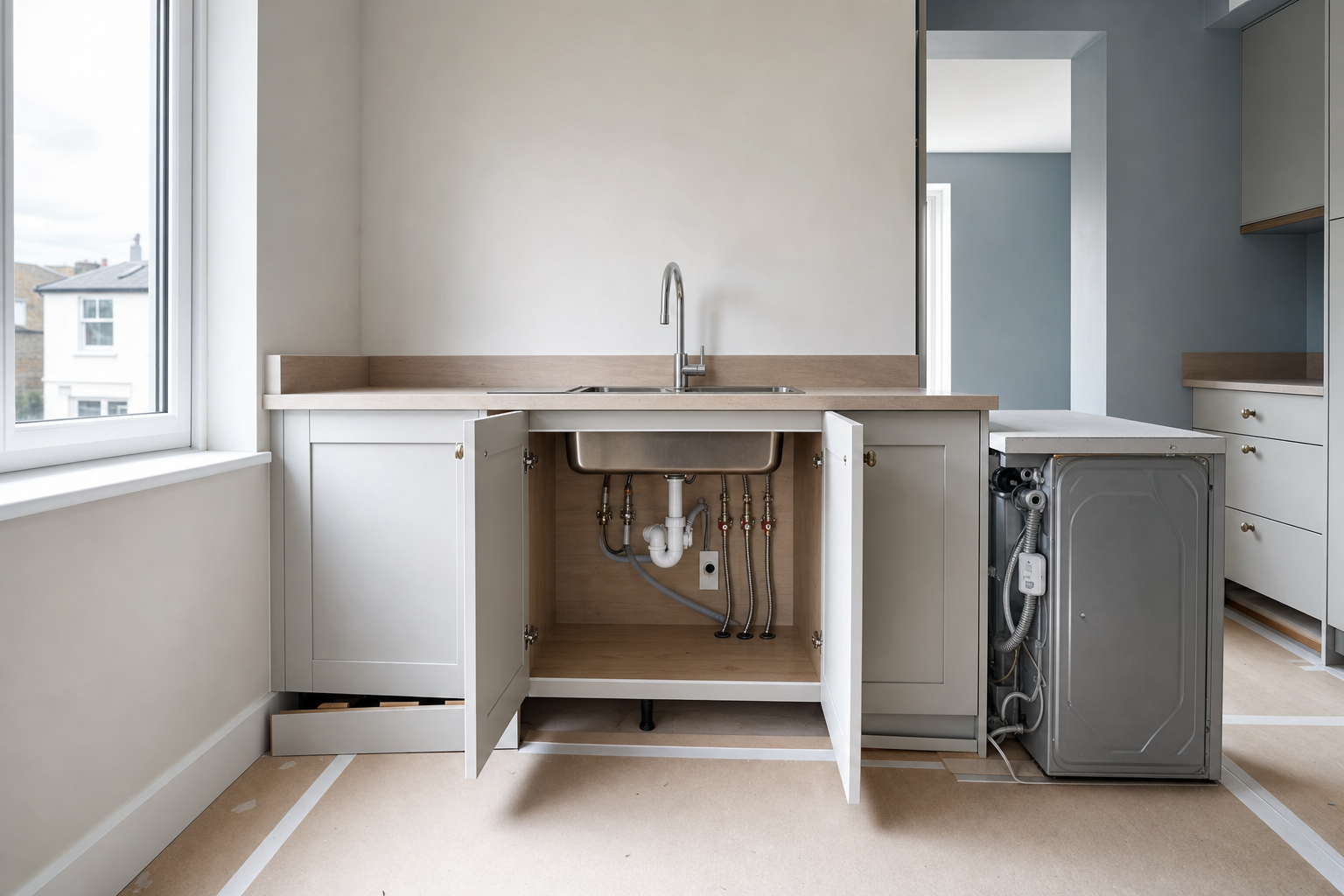 Modern kitchen with open cabinet doors revealing plumbing under the sink and adjacent dishwasher installation.