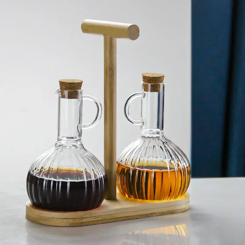 Household 300ml Heat-Resistant Glass Oil Pot With Wooden Stand, Liquid