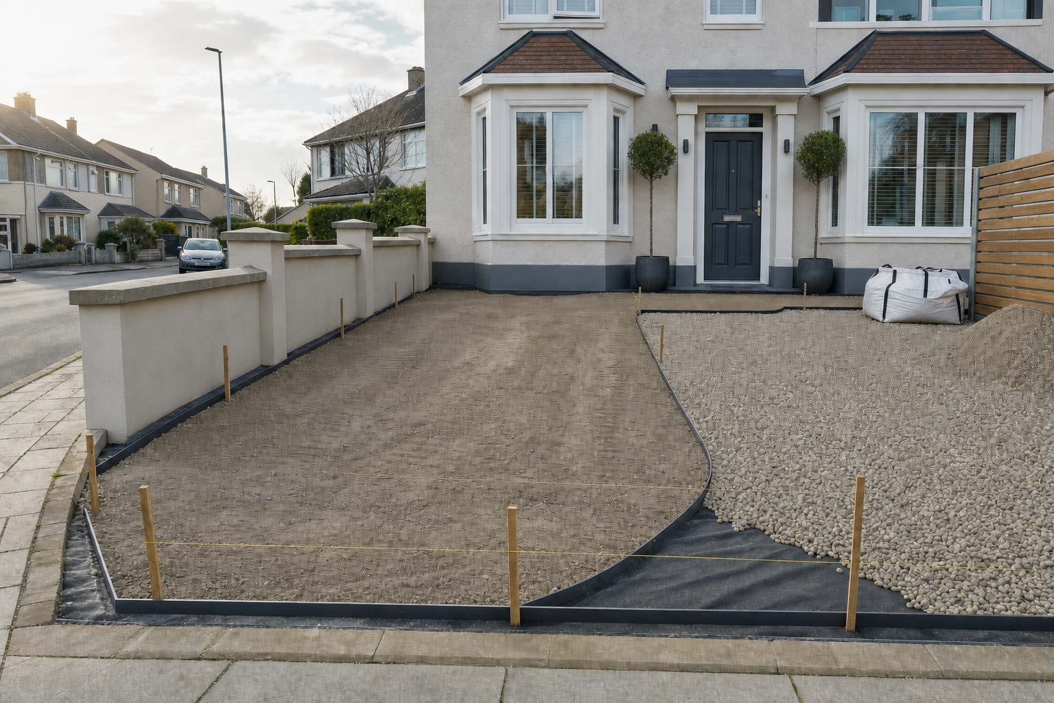 A townhouse with a partially gravelled driveway under construction, framed by pavement and a low wall.