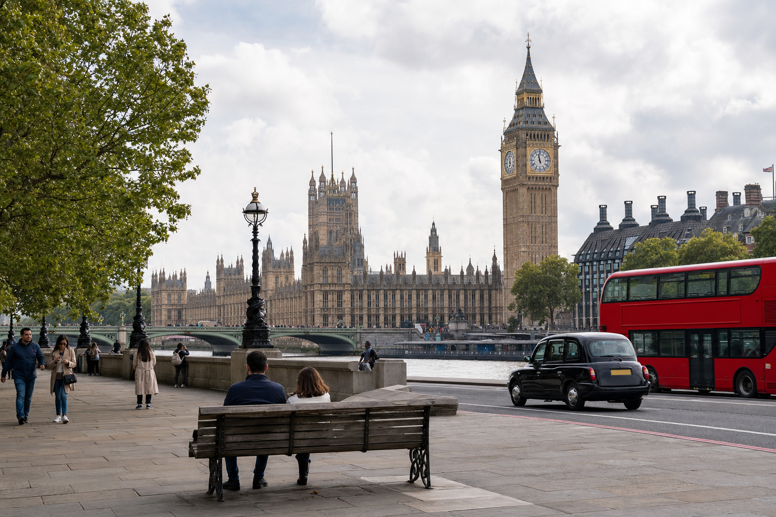 People walking along the Thames with the Houses of Parliament and Big Ben in the background.