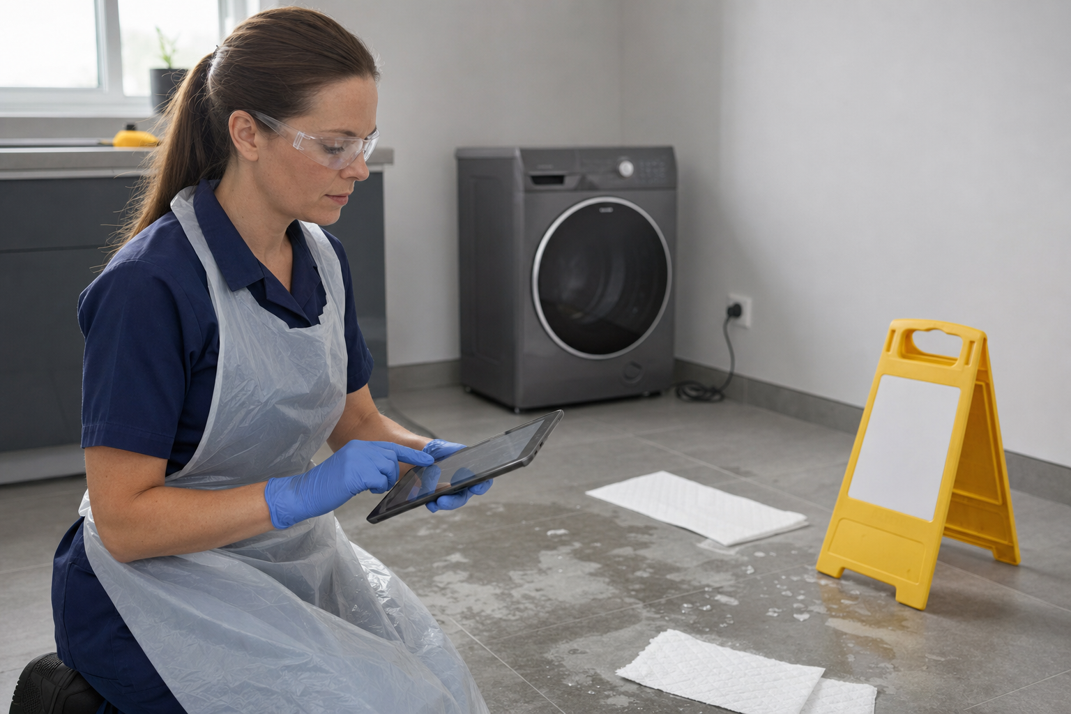 Woman in safety gear using a tablet next to a wet floor sign in a laundry room.