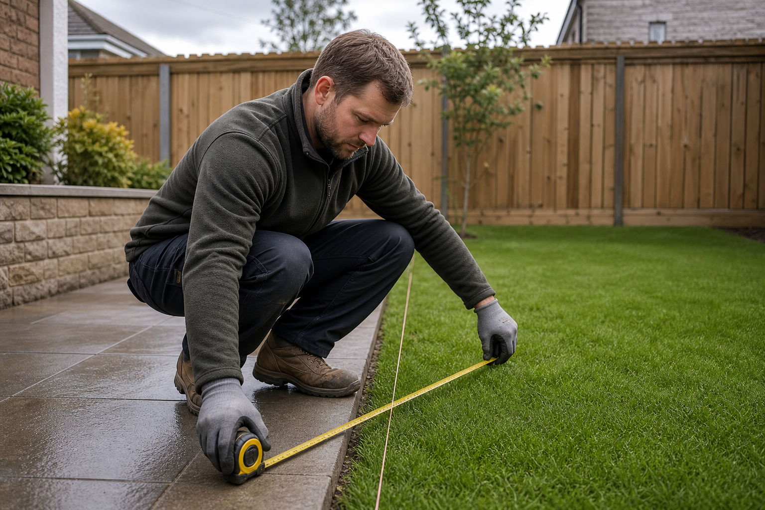 A man measuring the edge of a patio and lawn with a tape measure in a garden.