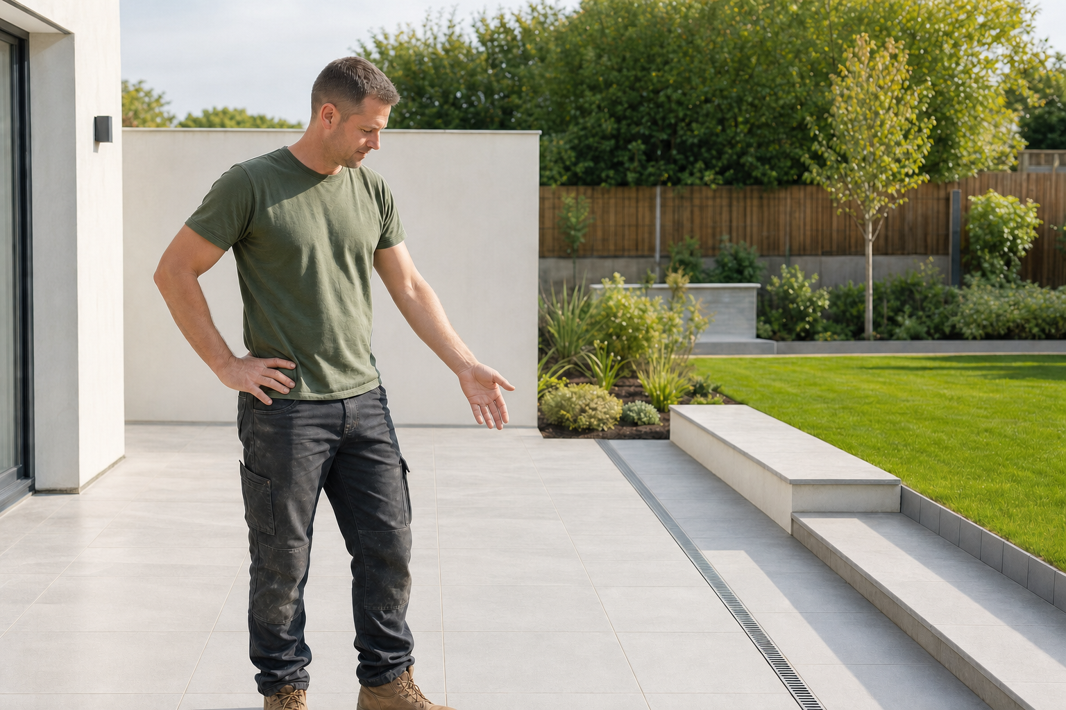 A man in a green T-shirt gestures towards a modern patio and landscaped garden.