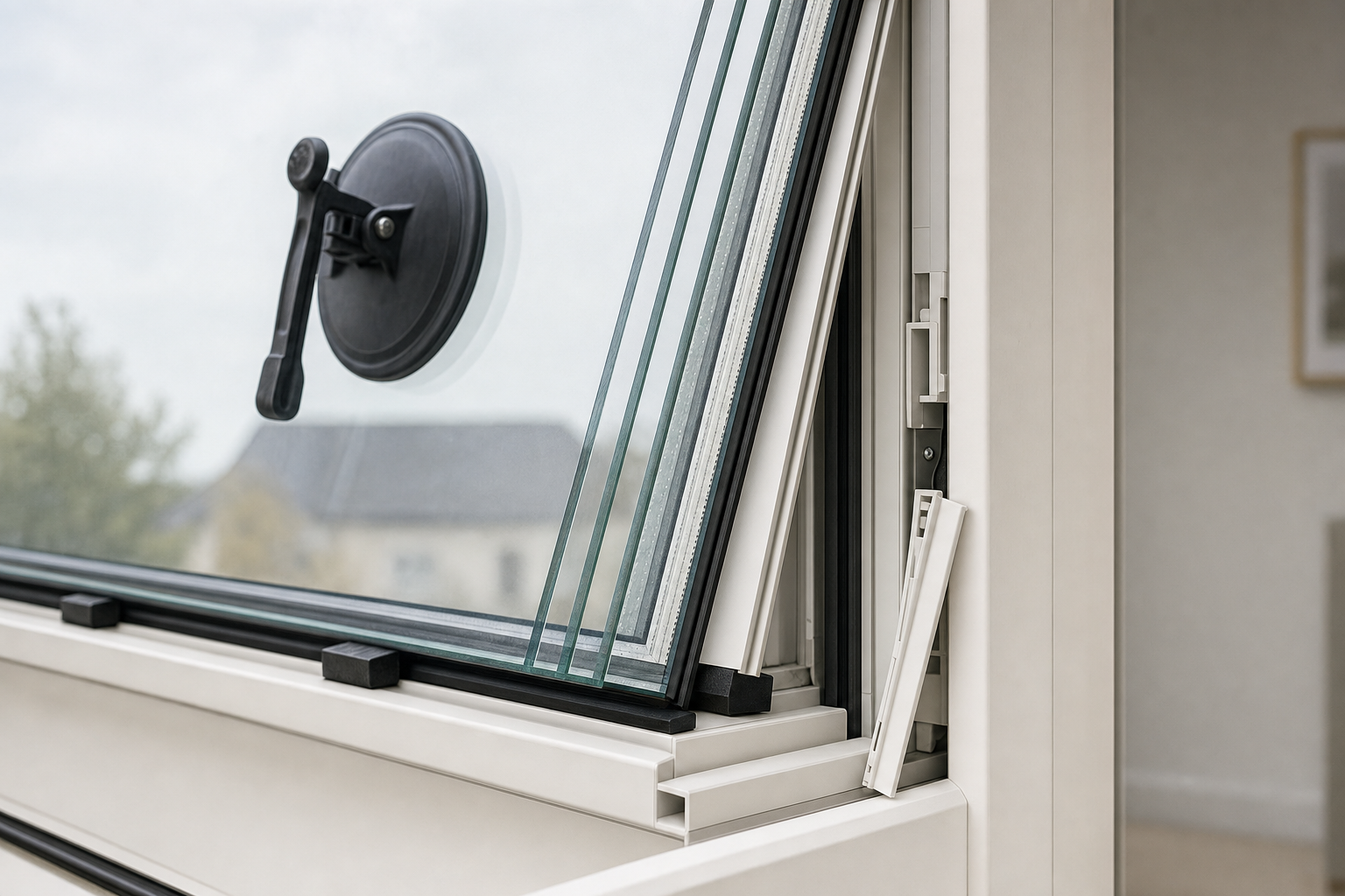 A glass window with a black suction handle is partially open, revealing a multi-layered structure and a view of a house outside.