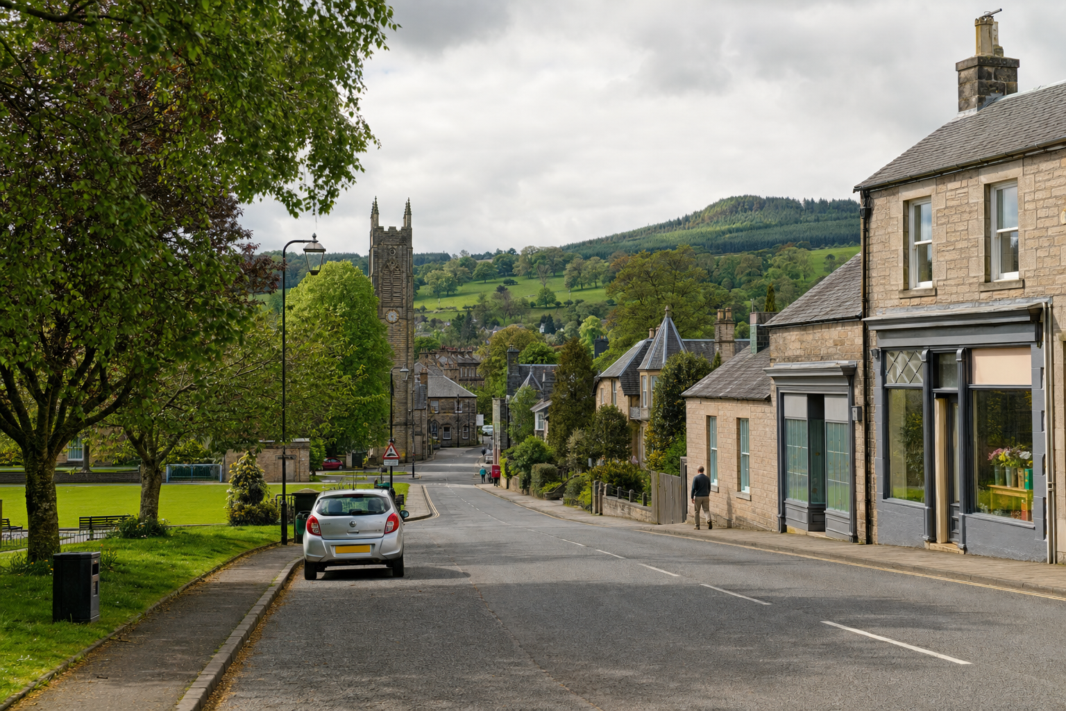 Quiet village street with stone houses, parked car, and a distant clock tower set against lush green hills.