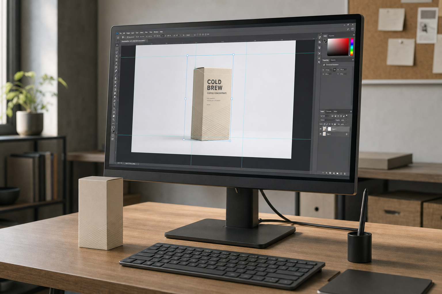 A computer monitor displays packaging design software showing a Cold Brew coffee box in an office setting.
