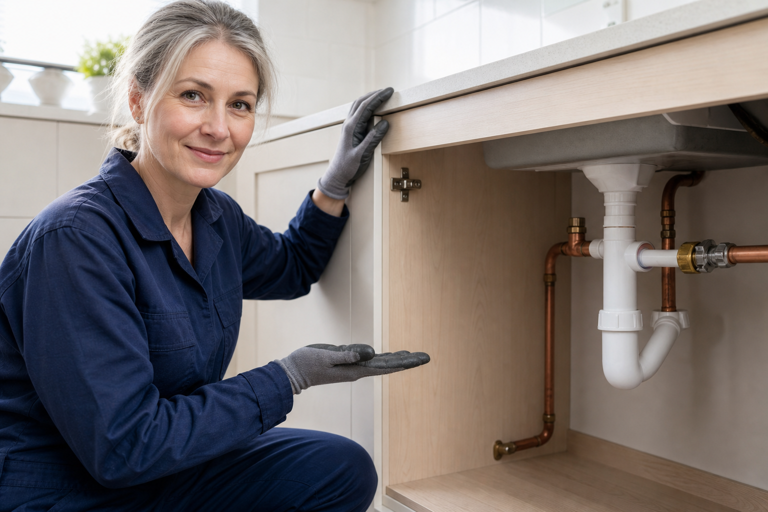 Woman in overalls showcasing plumbing pipes under a kitchen sink.