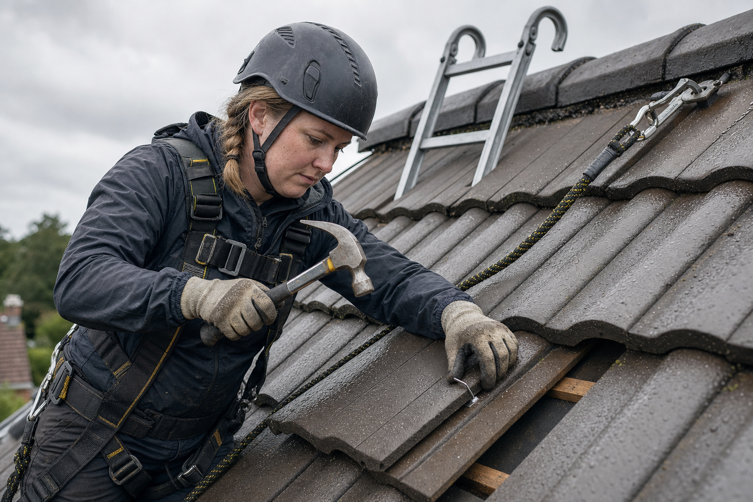 Roofer in safety gear uses a hammer to secure a tile on a wet roof with a ladder and safety line visible.