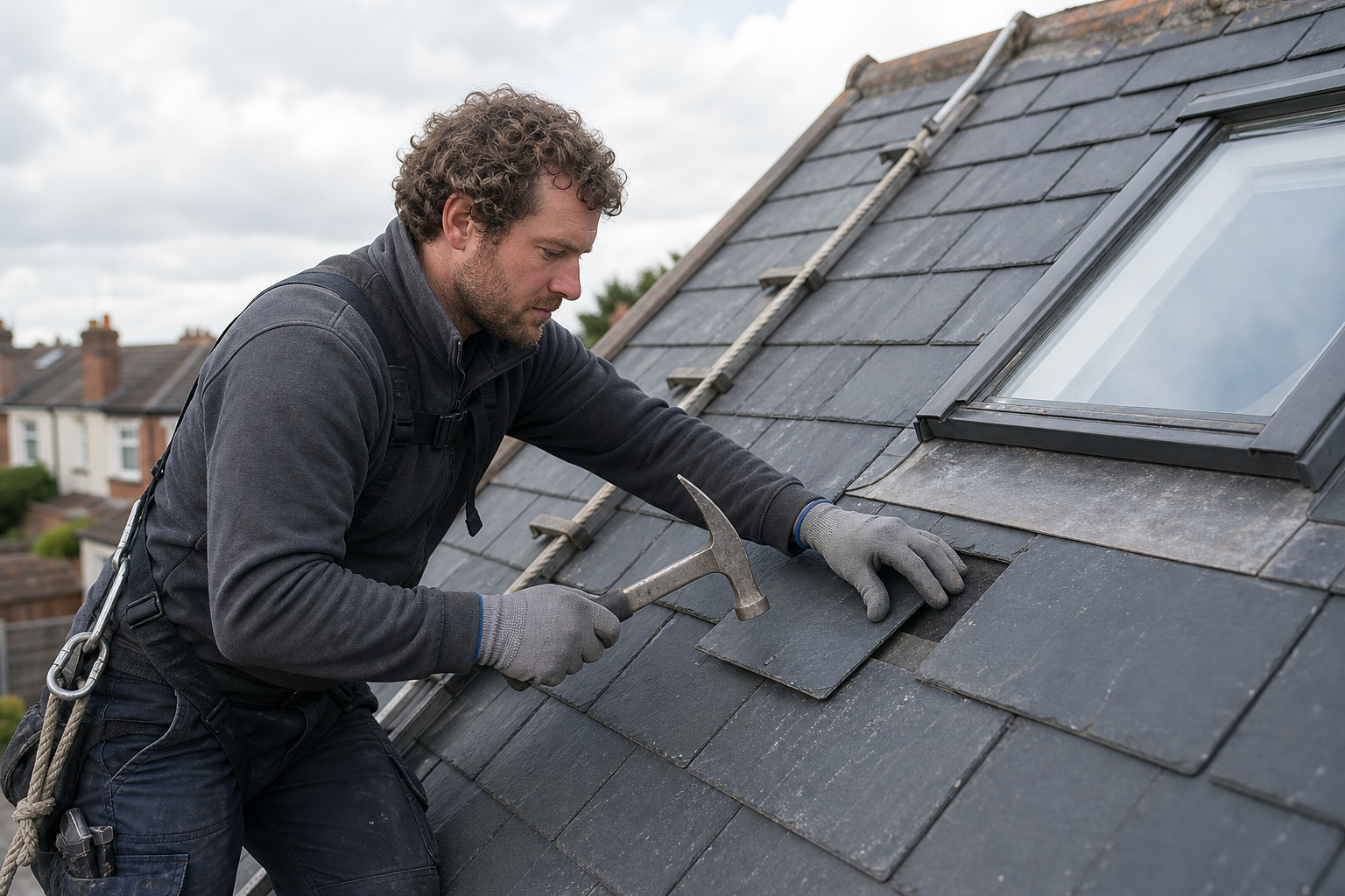 A worker on a slate roof repairs tiles with a hammer, wearing gloves and a safety harness on a cloudy day.
