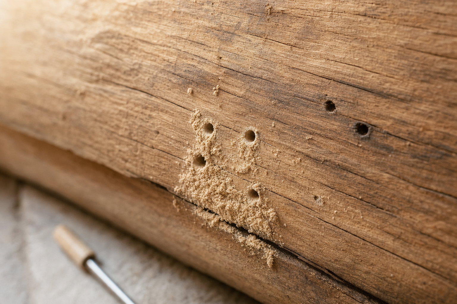 A wooden surface with several small holes and sawdust indicating possible insect damage.