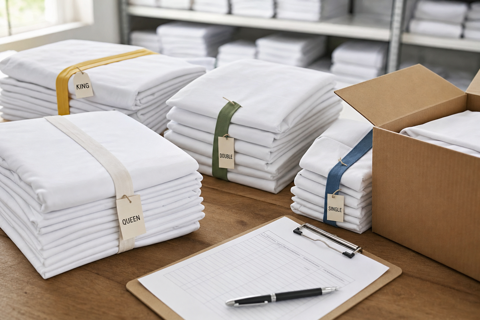 Neatly folded white bed sheets with size labels arranged on a table near a clipboard and pen.