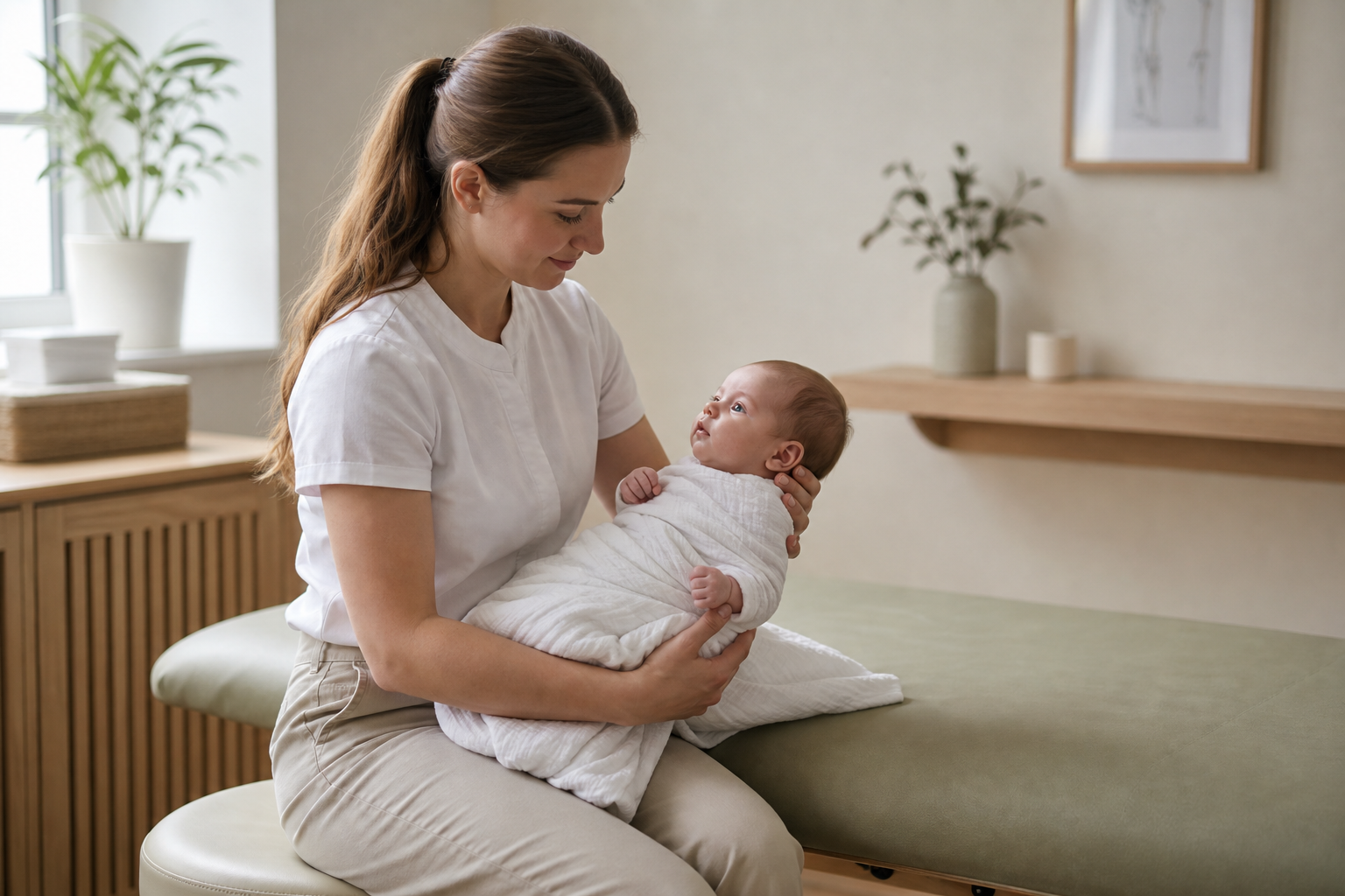 Woman in a white shirt tenderly cradles a swaddled baby on her lap in a softly lit room.