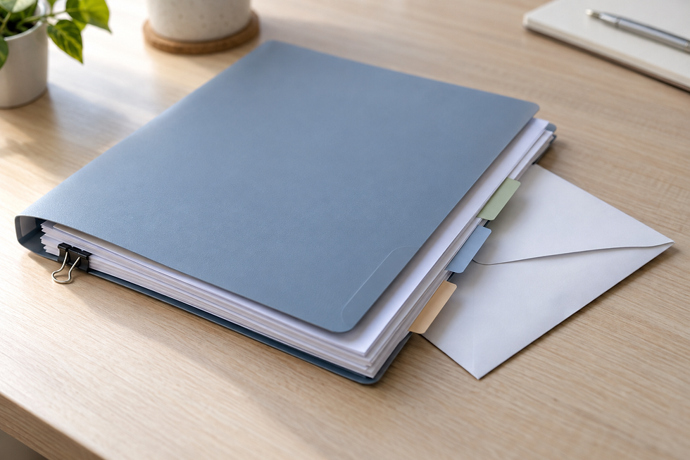 A blue folder with labelled dividers and papers lies on a wooden desk beside an envelope and a potted plant.