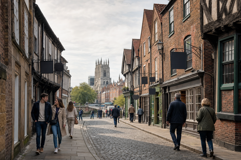People walking along a historic cobbled street lined with old buildings, with a cathedral visible in the distance.