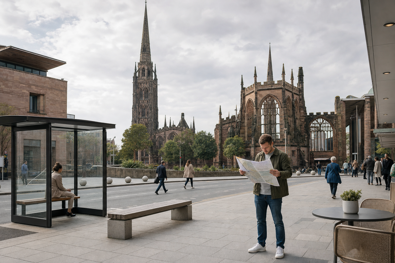 A man studies a map in a city square, with historic stone architecture and people walking nearby.