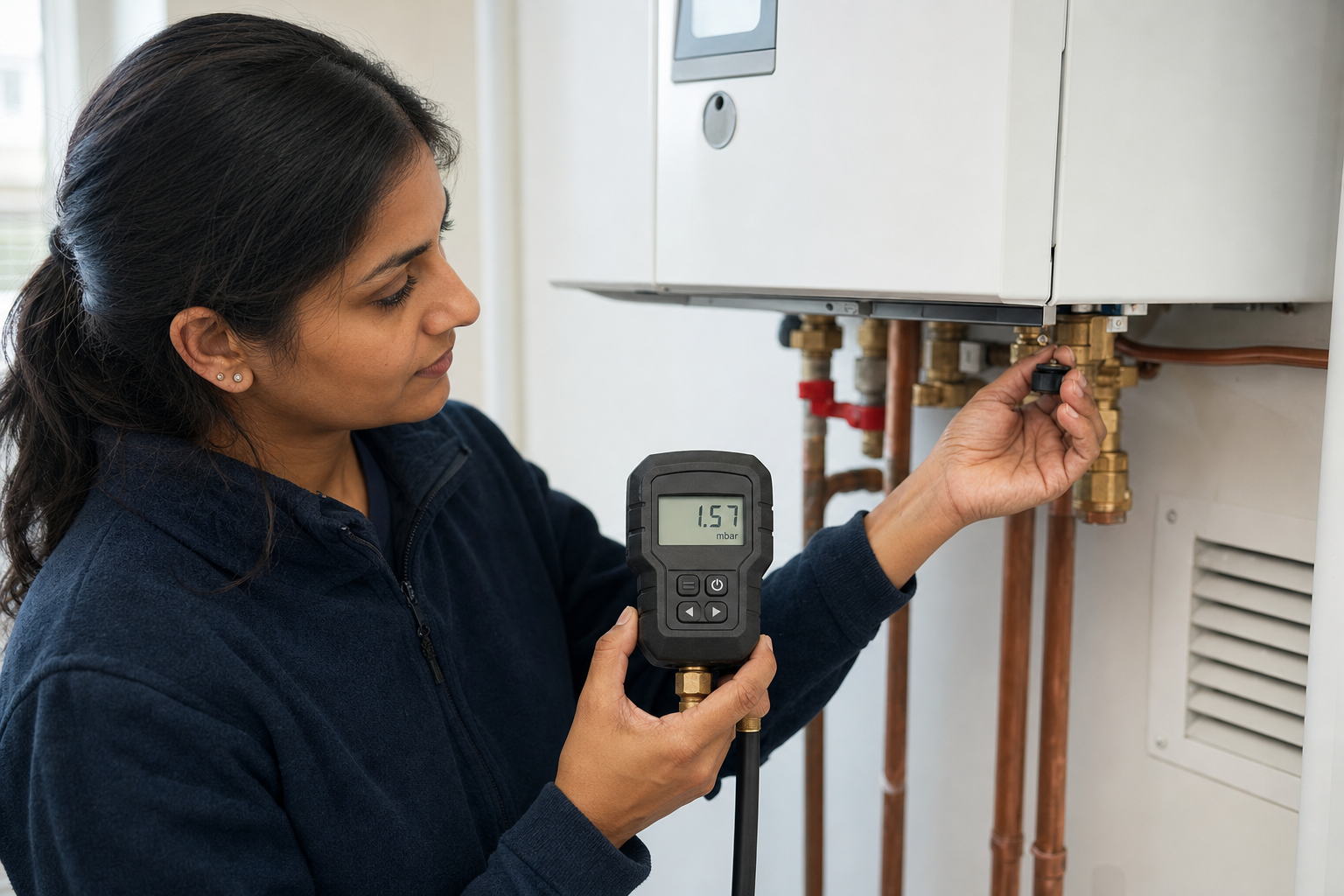 A woman checks the pressure on a boiler, using a digital gauge, in a domestic setting.
