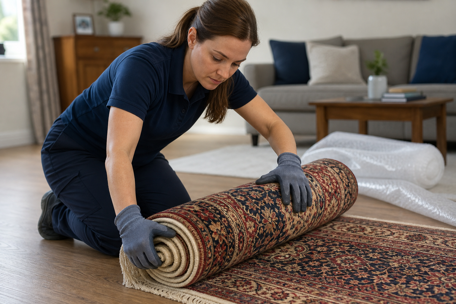 A woman in gloves carefully rolls up an ornate rug in a living room setting.
