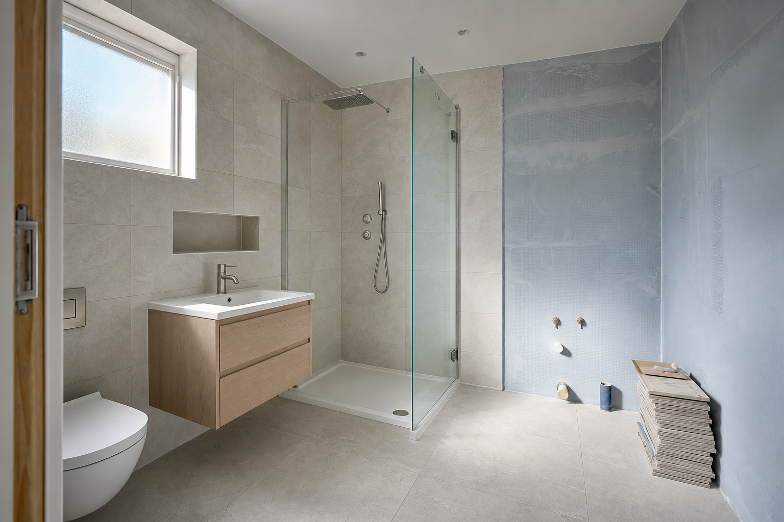 Modern bathroom under renovation with walk-in shower, toilet, and stack of tiles on the floor.