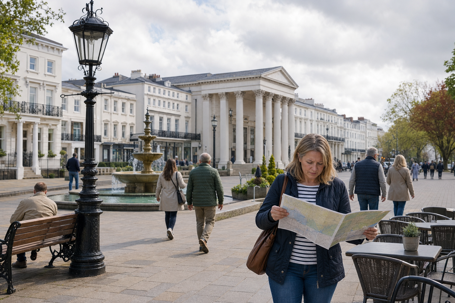 A woman reads a map on a sunny day in a historic town square with a fountain and neoclassical architecture.