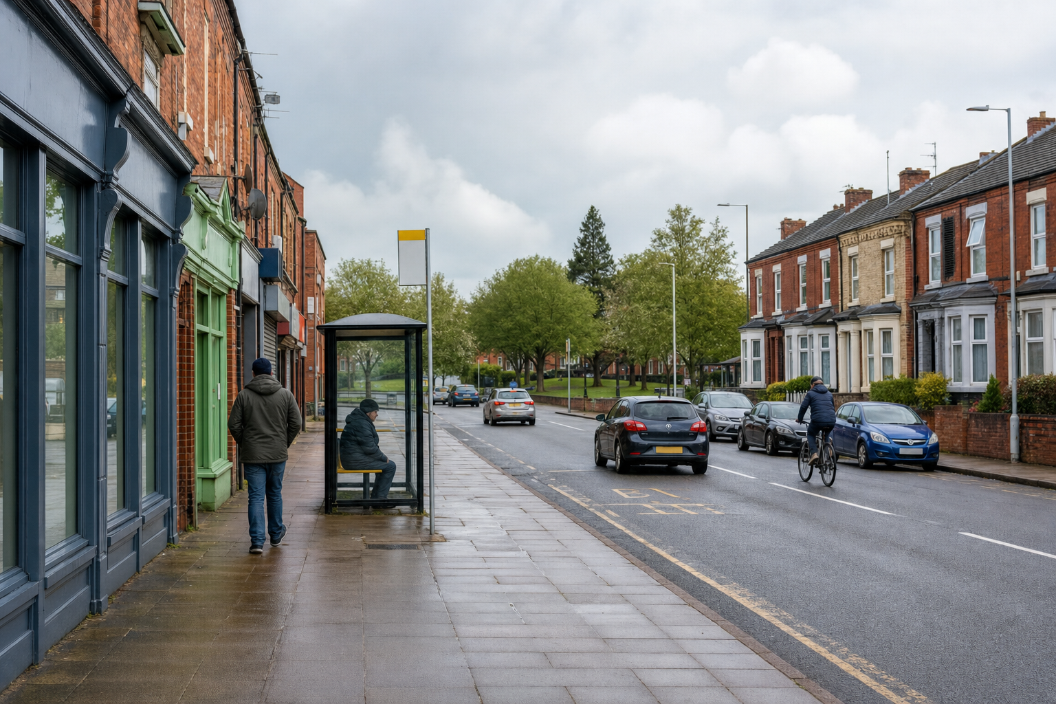 Rainy day on a residential street with a person at a bus stop and a cyclist on the road.