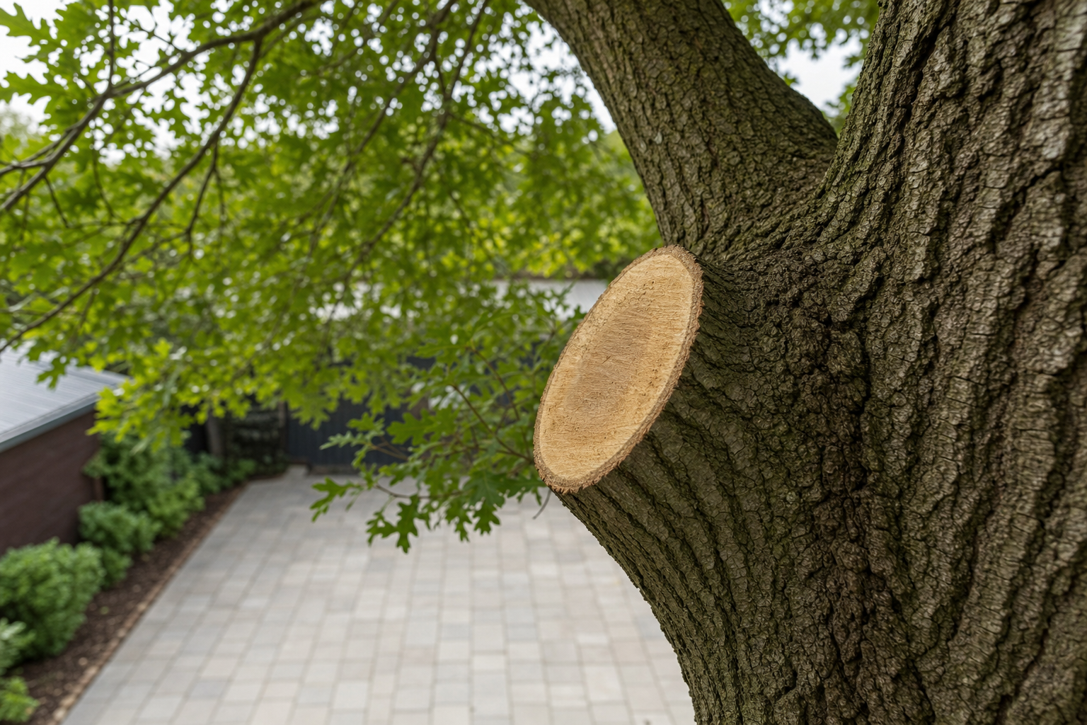A freshly cut tree branch with a smooth stump against a background of green leaves and a paved driveway.
