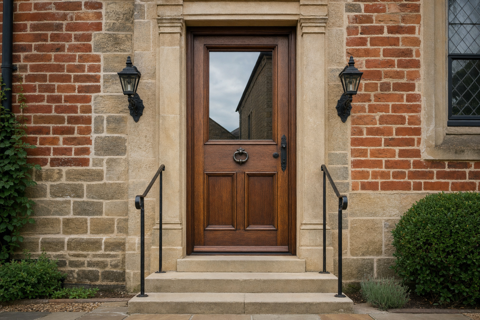 Wooden front door with black handle and knocker, flanked by brick walls and two lanterns.