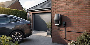 Electric car parked beside a house with a charging station mounted on a brick wall.
