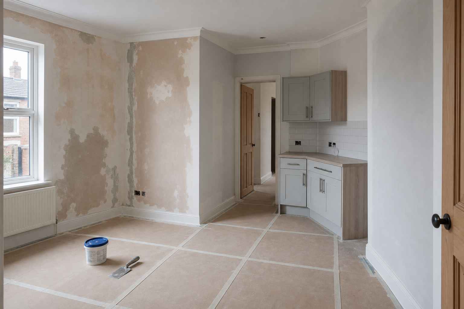 Unfinished room with a small kitchen area, bare plastered walls, and a bucket with a scraper on the floor.