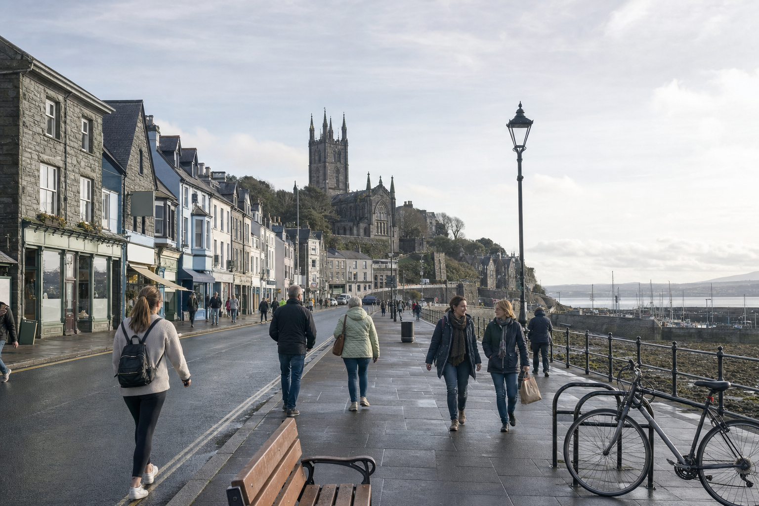 People walking along a coastal street with a church in the background on a cloudy day.