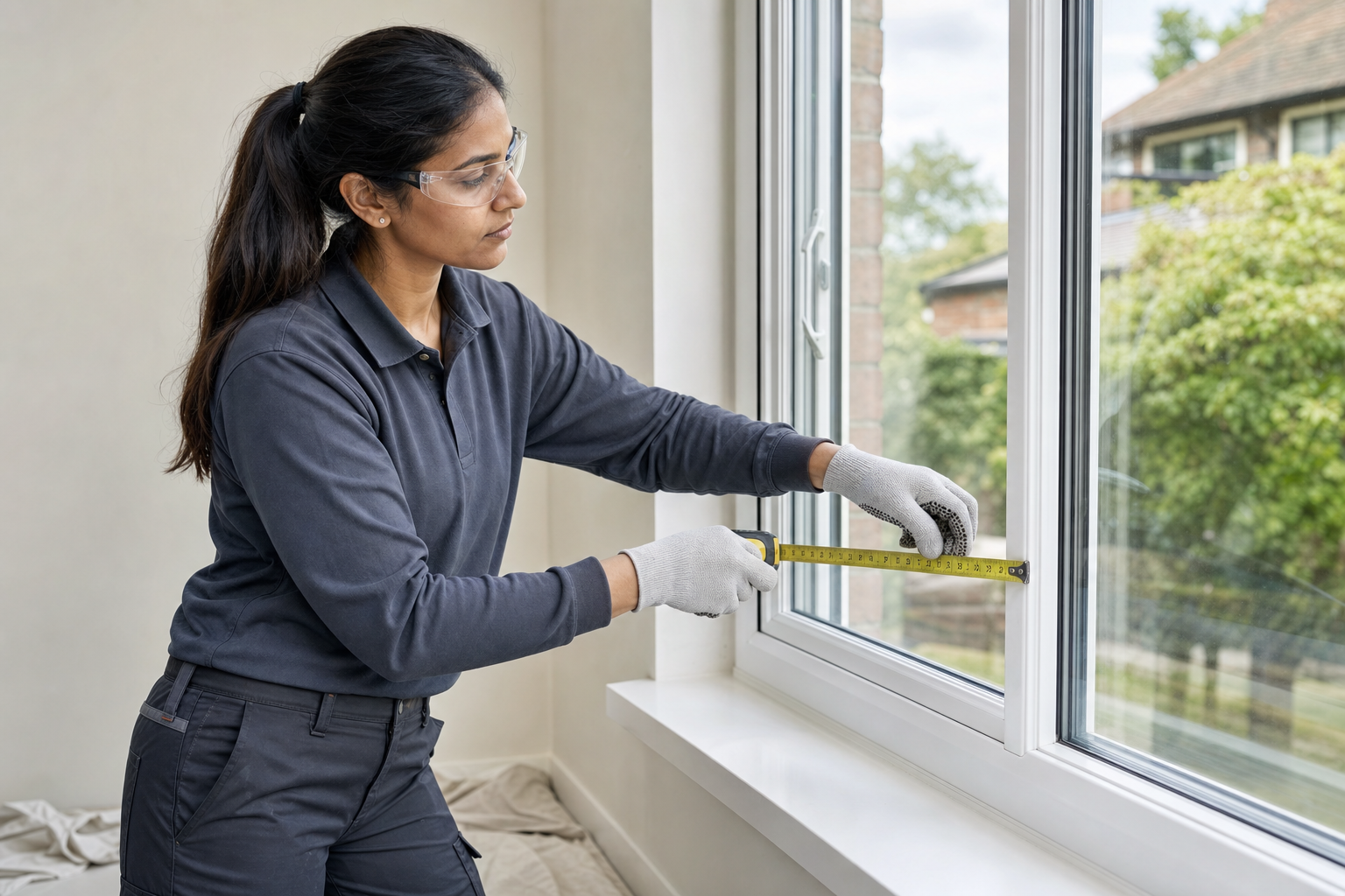A woman wearing gloves and goggles measures a window frame with a tape measure in a sunlit room.