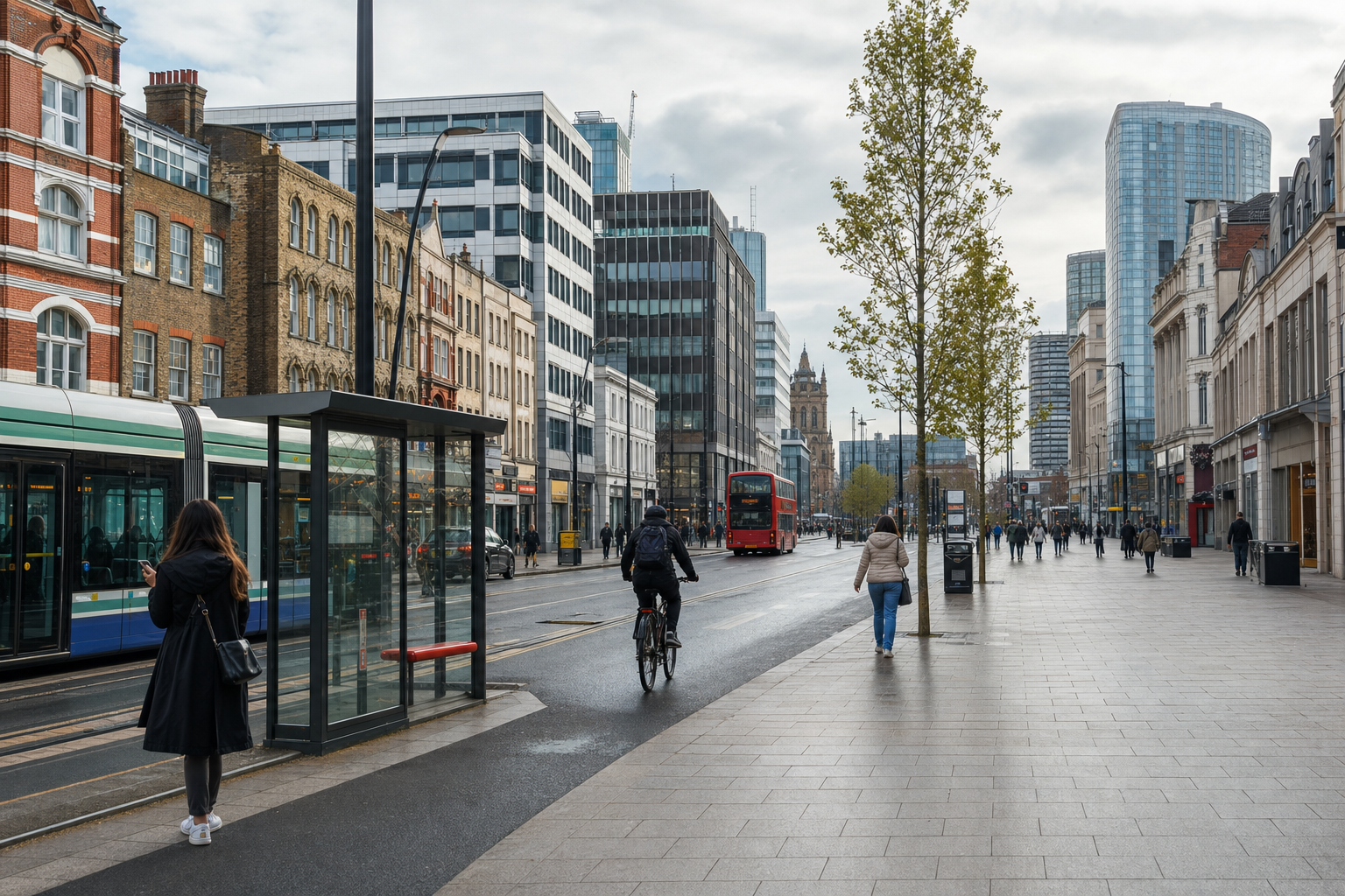 A cyclist rides alongside a London street with a tram, a red bus, and people walking on a cloudy day.