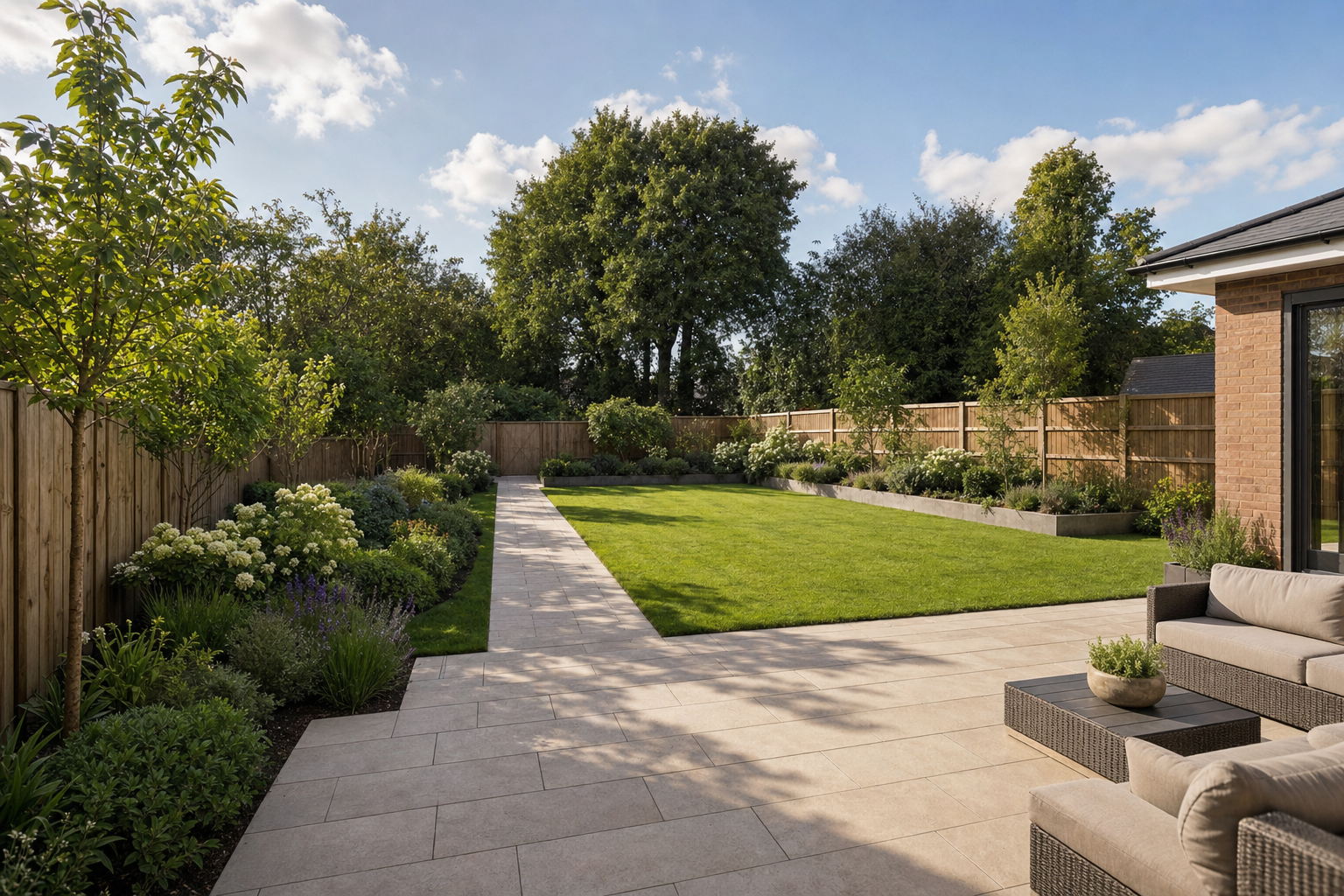 A spacious garden with a paved patio, surrounded by lush greenery and bordered by a wooden fence under a clear blue sky.