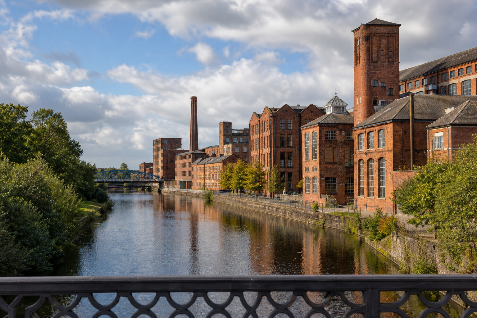 Historic red brick buildings line a river under a partly cloudy sky, with trees and a bridge in the distance.