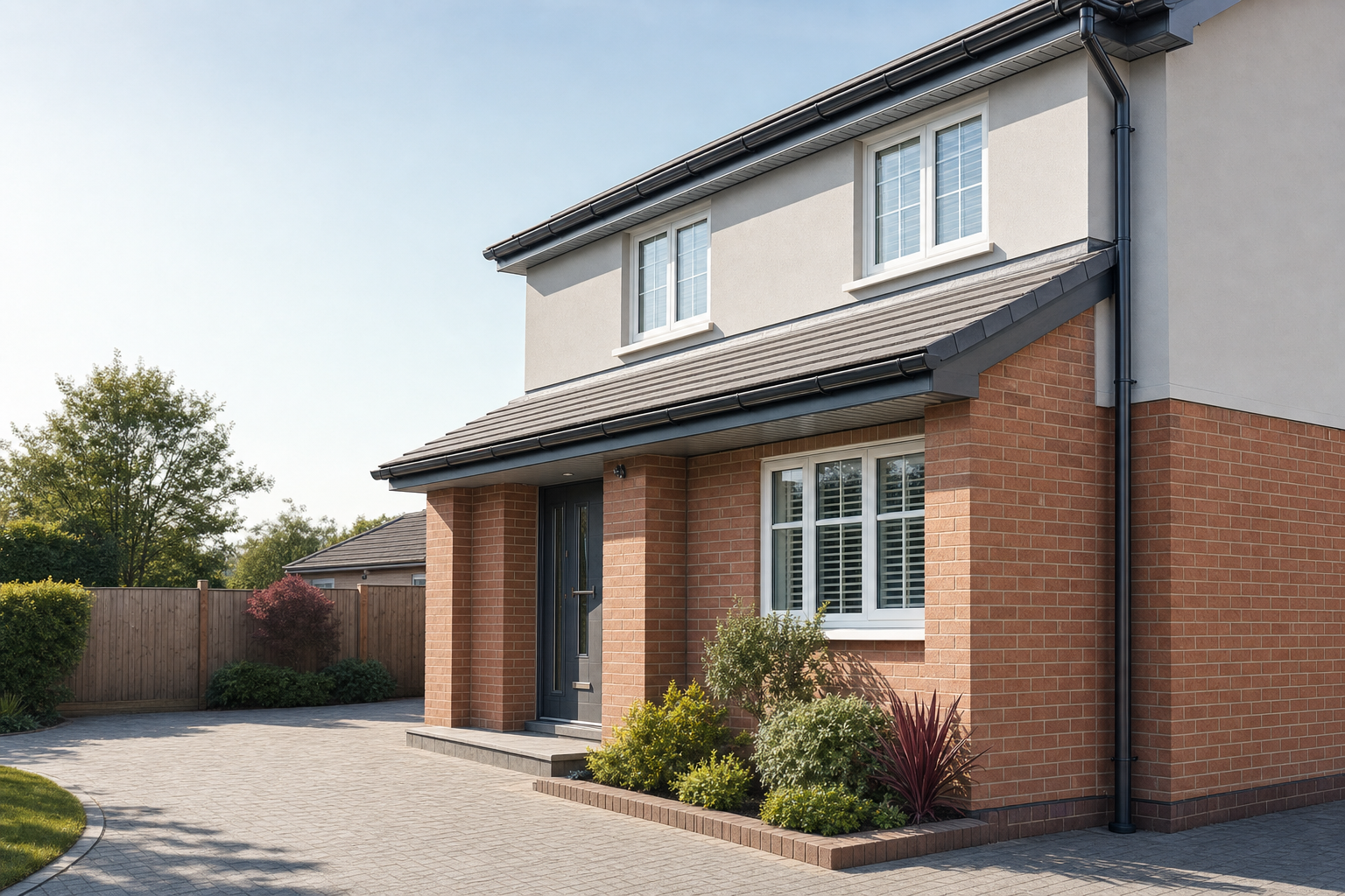 Modern two-storey house with brick façade, grey roof, and landscaped front garden on a sunny day.